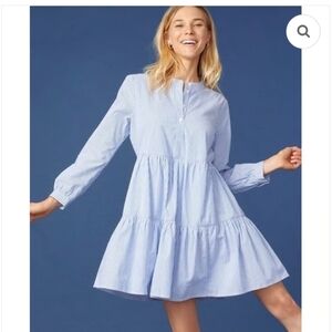 J. Crew Small Blue White Striped Stretch Cotton Tiered Dress Preppy Classic